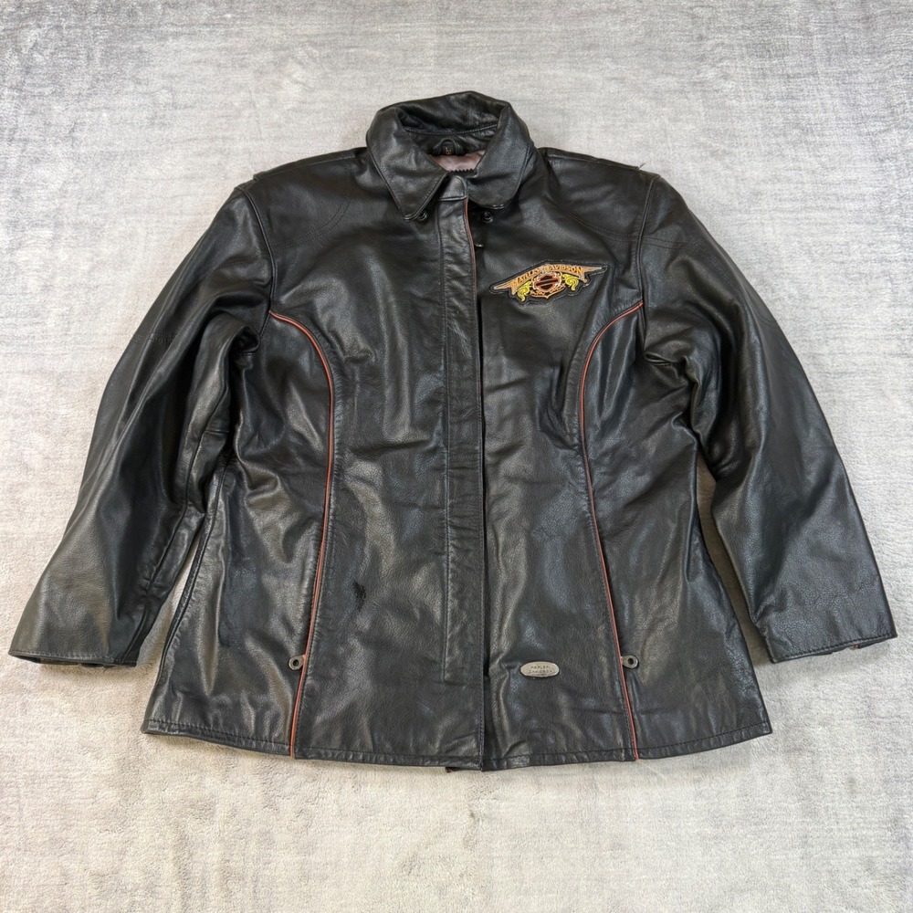 Harley Davidson Jacket Womens Large Black Leather Motorcycle Embroidered Biker